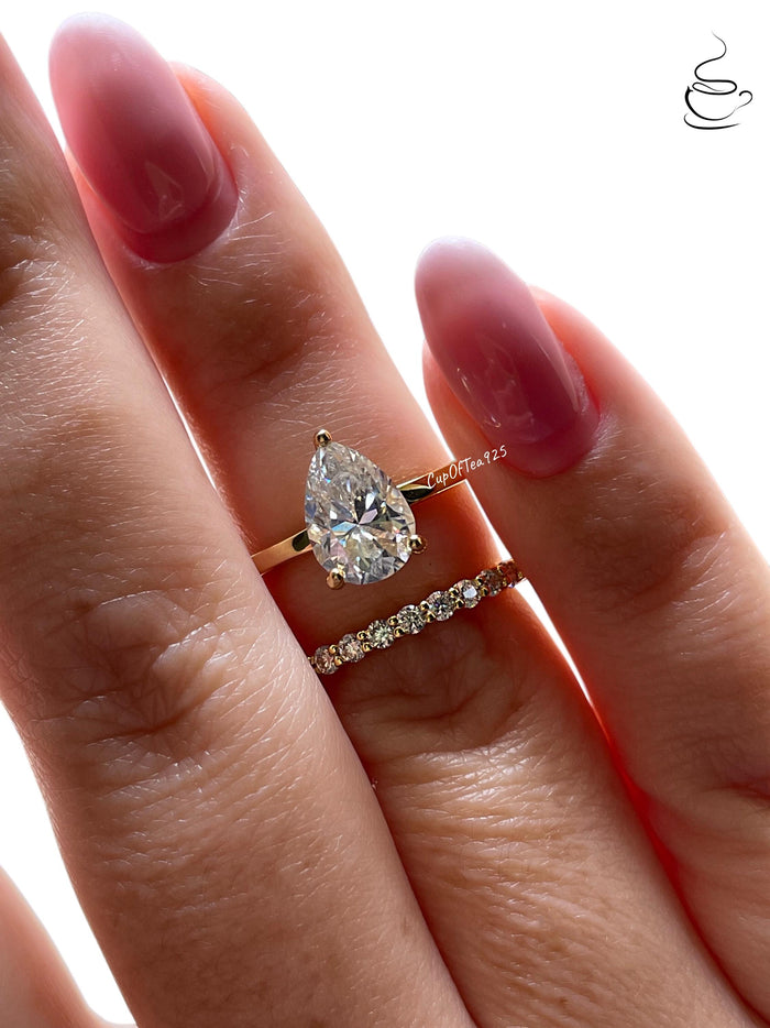 2CT Pear Cut Moissanite Engagement Ring Set , Sterling Silver with 14K Gold or Rhodium Finish and Half Eternity Band, proposal ring