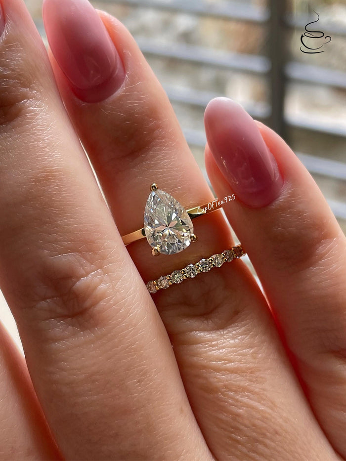 2CT Pear Cut Moissanite Engagement Ring Set , Sterling Silver with 14K Gold or Rhodium Finish and Half Eternity Band, proposal ring