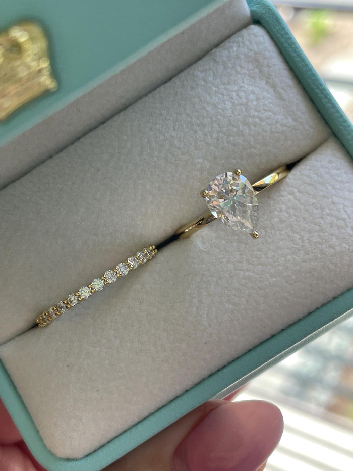 2CT Pear Cut Moissanite Engagement Ring Set , Sterling Silver with 14K Gold or Rhodium Finish and Half Eternity Band, proposal ring