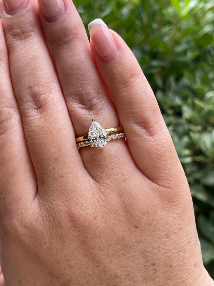 2CT Pear Cut Moissanite Engagement Ring Set , Sterling Silver with 14K Gold or Rhodium Finish and Half Eternity Band, proposal ring