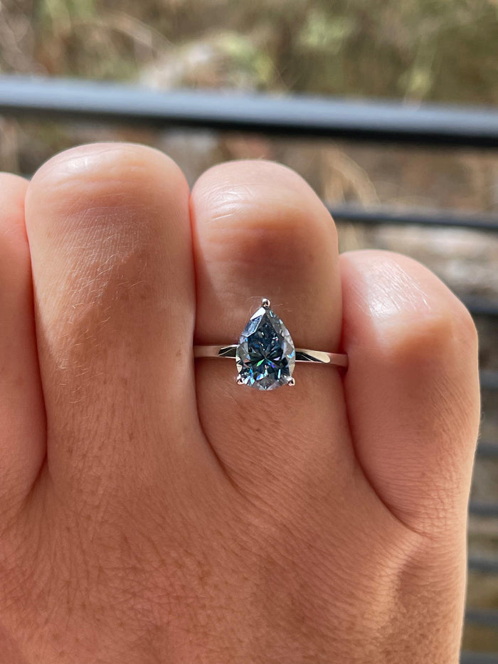 2CT pear cut vivid blue moissanite engagement ring in yellow gold vermeil or sterling silver, gift for her, September birthstone ring