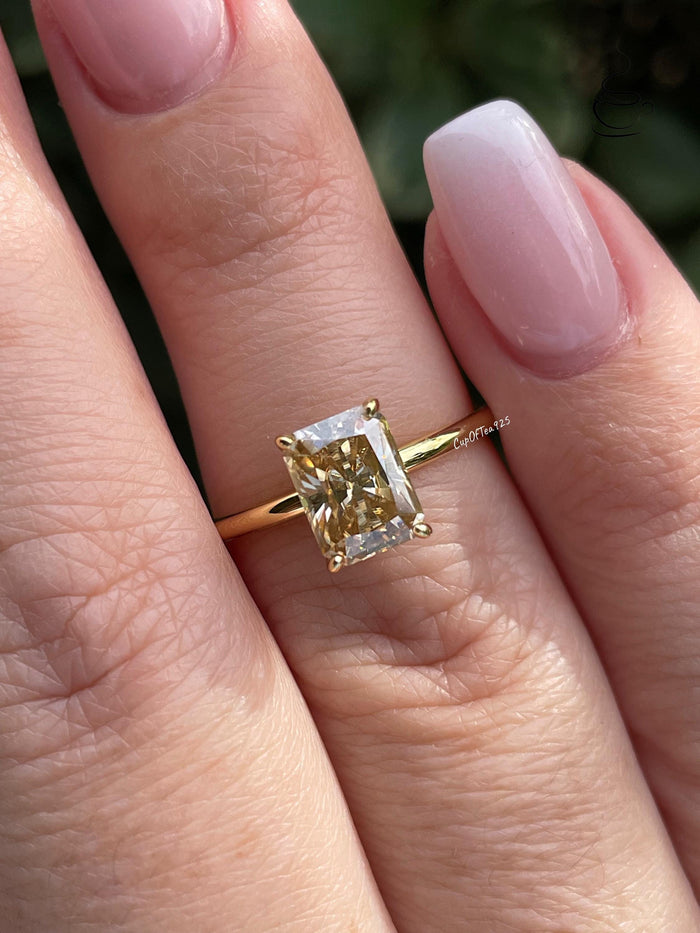 2CT radiant cut champagne moissanite engagement ring with hidden halo, gift for her