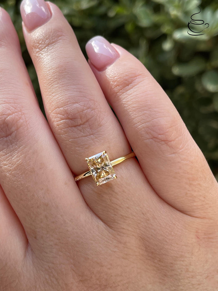 2CT radiant cut champagne moissanite engagement ring with hidden halo, gift for her