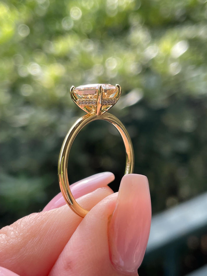 2CT radiant cut champagne moissanite engagement ring with hidden halo, gift for her