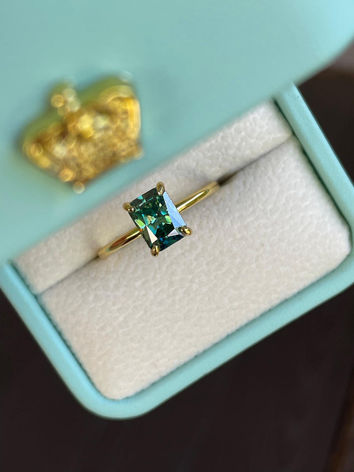 2CT radiant cut green moissanite engagement ring in yellow gold vermeil or sterling silver, gift for her, May birthstone ring