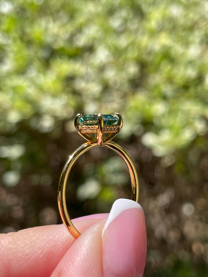 2CT radiant cut green moissanite engagement ring in yellow gold vermeil or sterling silver, gift for her, May birthstone ring