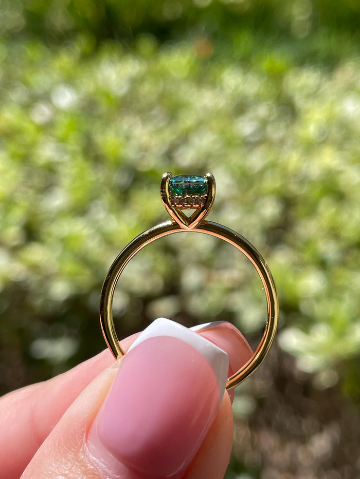 2CT radiant cut green moissanite engagement ring in yellow gold vermeil or sterling silver, gift for her, May birthstone ring