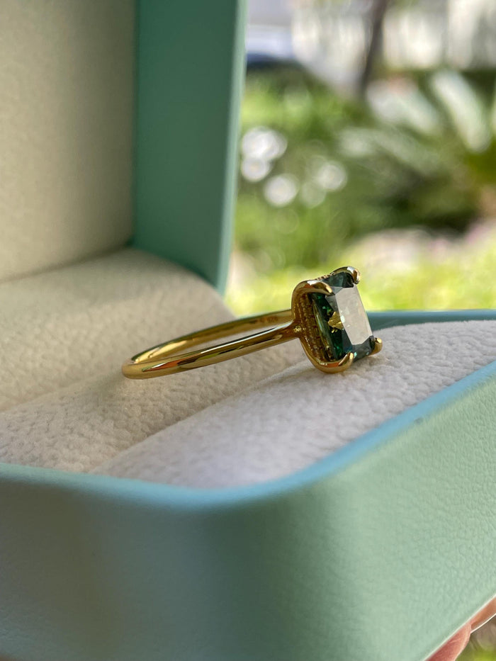 2CT radiant cut green moissanite engagement ring in yellow gold vermeil or sterling silver, gift for her, May birthstone ring