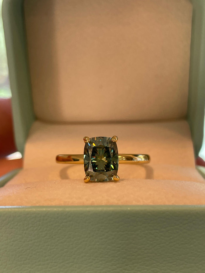 3 carat cushion cut green moissanite engagement ring. Sterling silver 925, gold vermeil green moissanite ring. May birthstone ring.