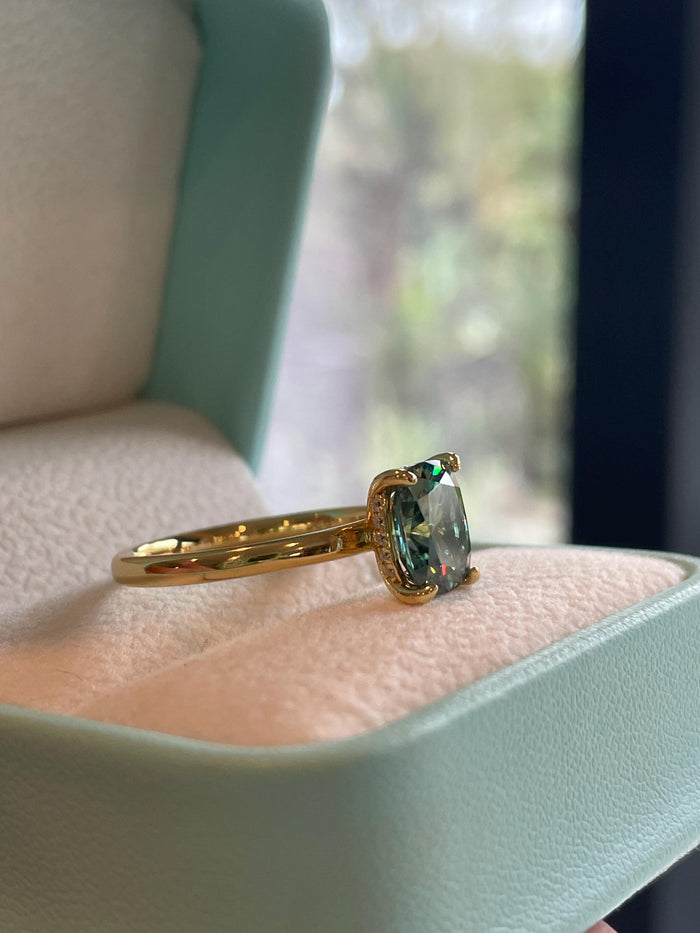 3 carat cushion cut green moissanite engagement ring. Sterling silver 925, gold vermeil green moissanite ring. May birthstone ring.