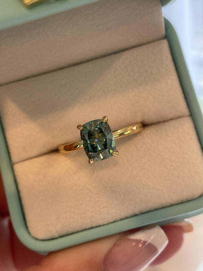 3 carat cushion cut green moissanite engagement ring. Sterling silver 925, gold vermeil green moissanite ring. May birthstone ring.
