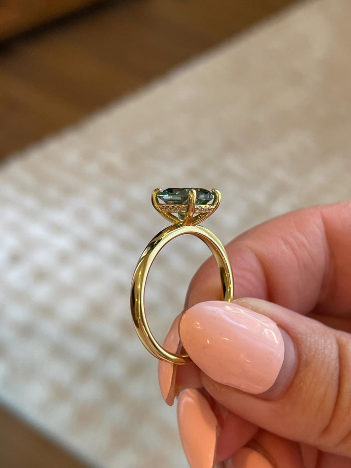 3 carat cushion cut green moissanite engagement ring. Sterling silver 925, gold vermeil green moissanite ring. May birthstone ring.