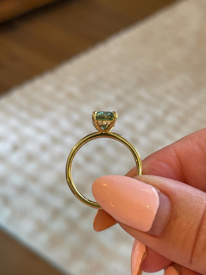 3 carat cushion cut green moissanite engagement ring. Sterling silver 925, gold vermeil green moissanite ring. May birthstone ring.