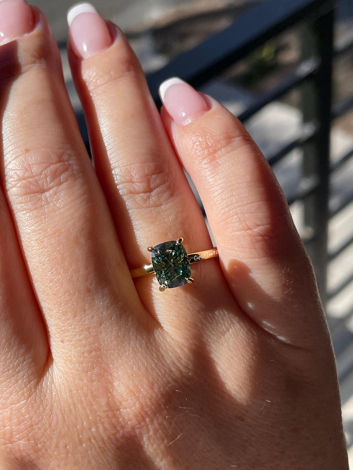 3 carat cushion cut green moissanite engagement ring. Sterling silver 925, gold vermeil green moissanite ring. May birthstone ring.