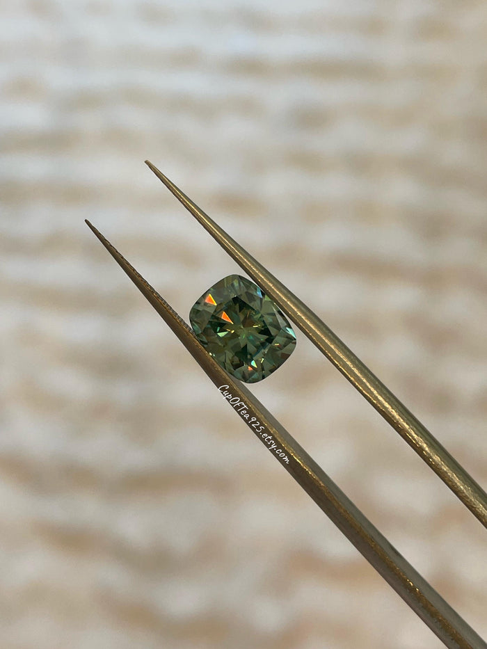 3 carat cushion cut green moissanite engagement ring. Sterling silver 925, gold vermeil green moissanite ring. May birthstone ring.
