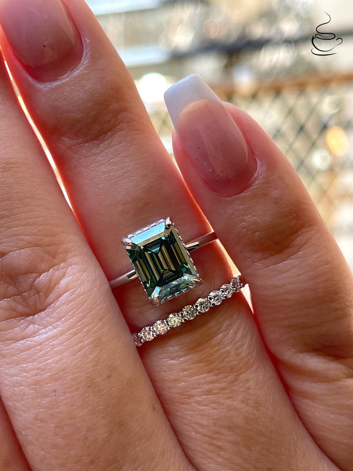 3 carat emerald cut green moissanite engagement ring set, silver ring , gold vermeil green moissanite ring, green stone ring, gift for her