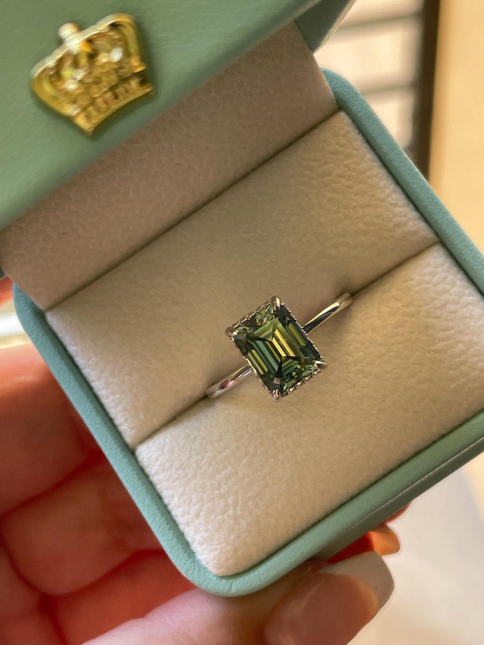 3 carat emerald cut green moissanite engagement ring with hidden halo, gold vermeil moissanite ring, silver moissanite ring gift for her