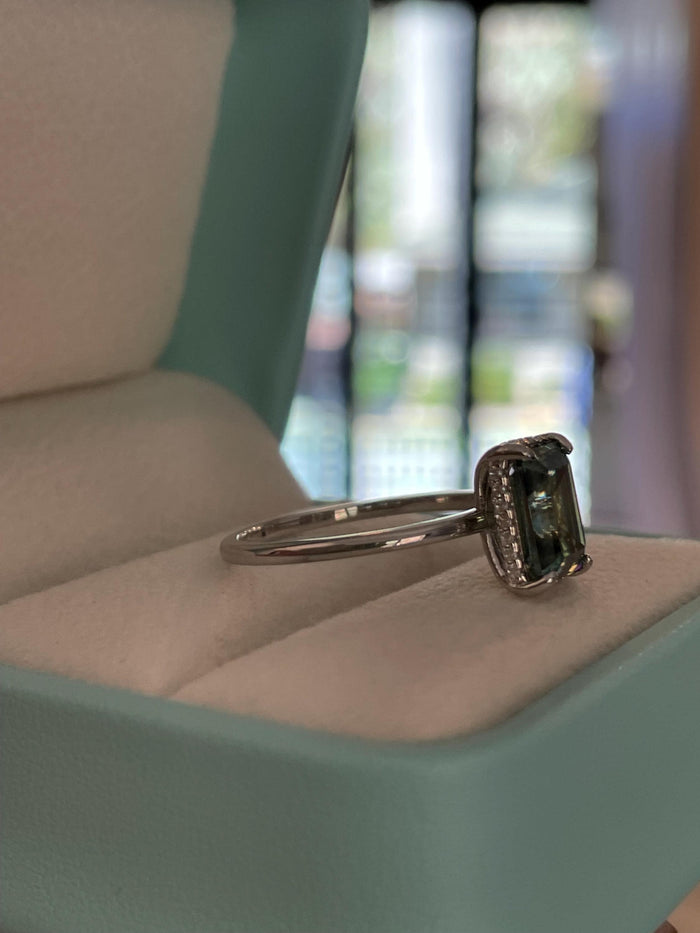 3 carat emerald cut green moissanite engagement ring with hidden halo, gold vermeil moissanite ring, silver moissanite ring gift for her