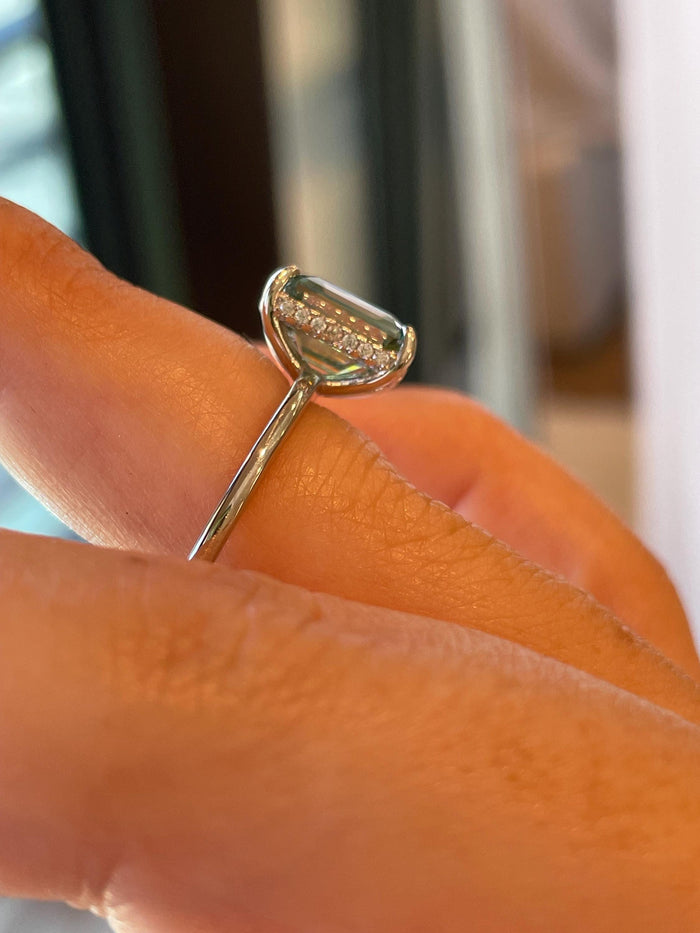 3 carat emerald cut green moissanite engagement ring with hidden halo, gold vermeil moissanite ring, silver moissanite ring gift for her
