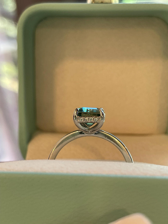 3 carat emerald cut green moissanite engagement ring with hidden halo, gold vermeil moissanite ring, silver moissanite ring gift for her