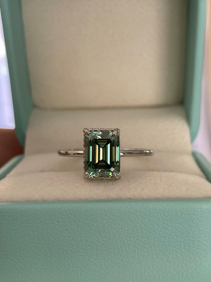 3 carat emerald cut green moissanite engagement ring with hidden halo, gold vermeil moissanite ring, silver moissanite ring gift for her