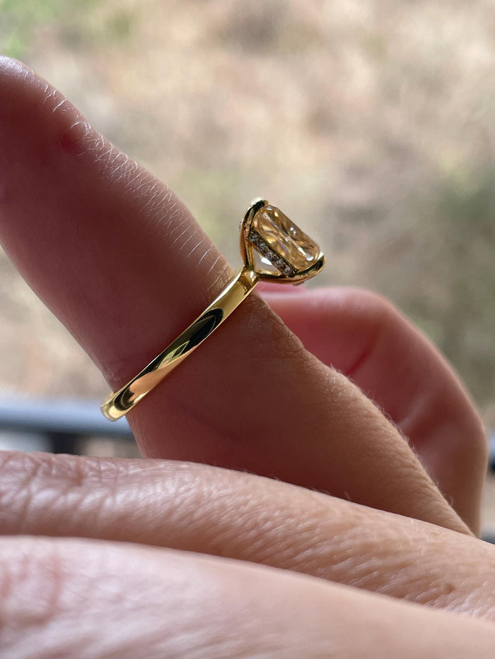 3 carat honey comb, champagne moissanite elongated cushion cut engagement ring with hidden halo, champagne moissanite ring,