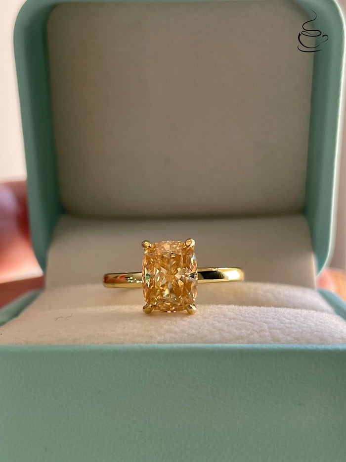 3 carat honey comb, champagne moissanite elongated cushion cut engagement ring with hidden halo, champagne moissanite ring,
