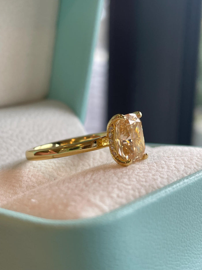 3 carat honey comb, champagne moissanite elongated cushion cut engagement ring with hidden halo, champagne moissanite ring,