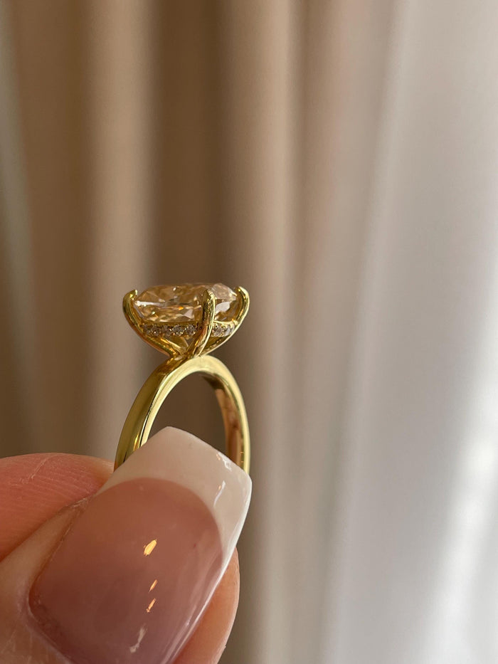 3 carat honey comb, champagne moissanite elongated cushion cut engagement ring with hidden halo, champagne moissanite ring,
