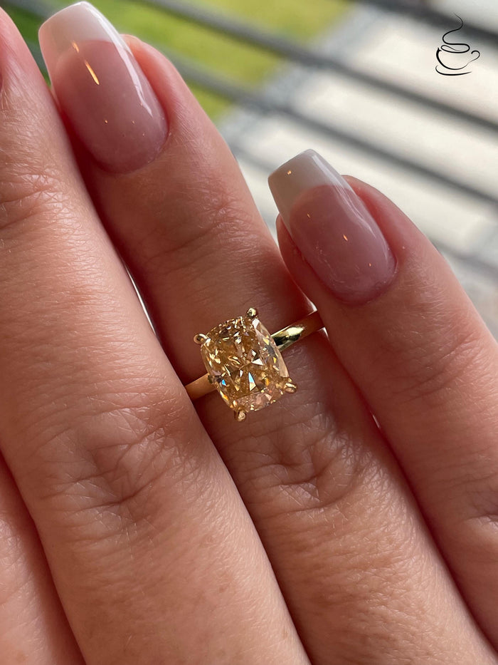 3 carat honey comb, champagne moissanite elongated cushion cut engagement ring with hidden halo, champagne moissanite ring,