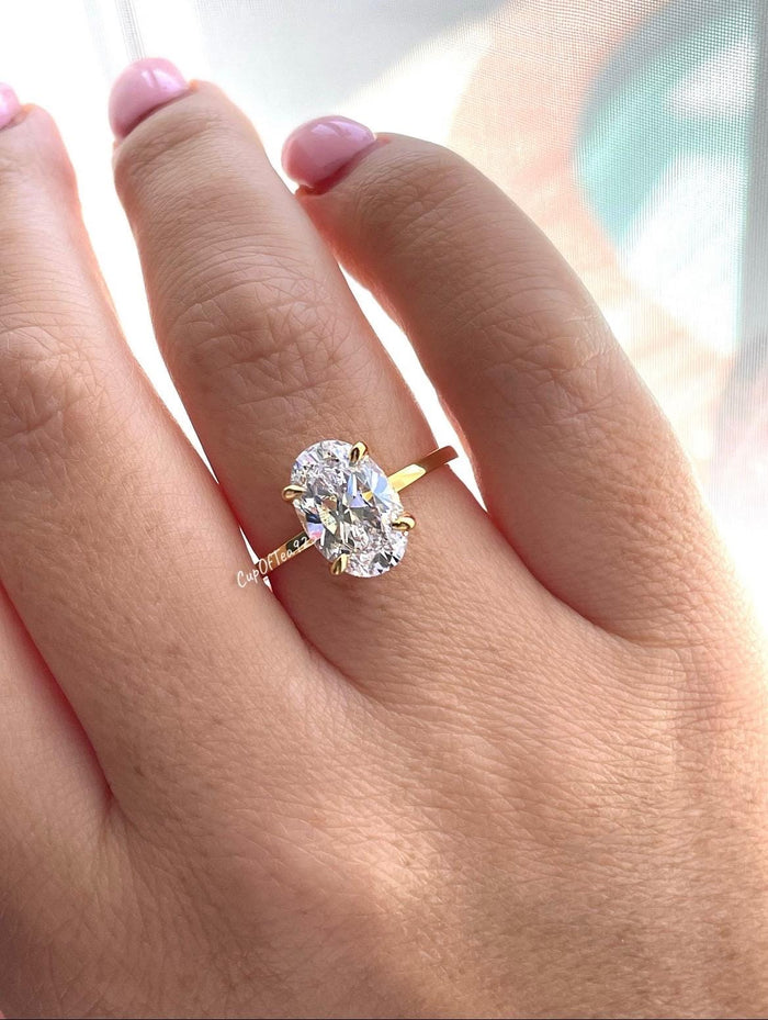 3.5CT Oval Cut Engagement Ring: Yellow Gold Vermeil, Hidden Halo, art deco moisssnite band
