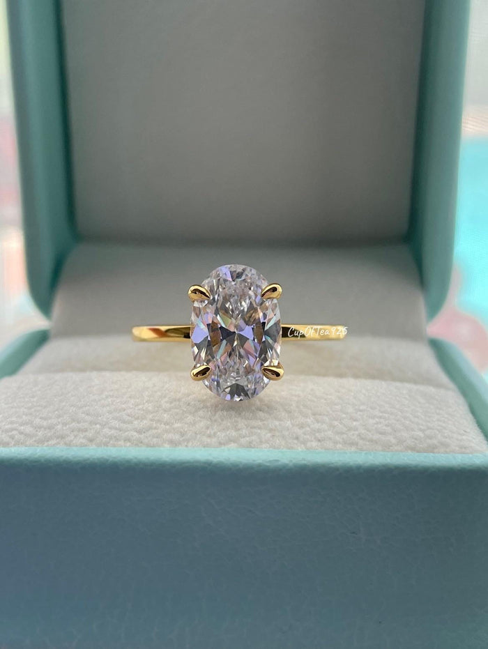 3.5CT Oval Cut Engagement Ring: Yellow Gold Vermeil, Hidden Halo, art deco moisssnite band