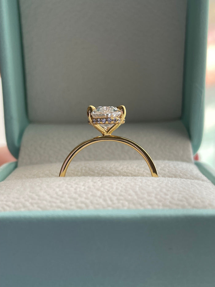 3.5CT Oval Cut Engagement Ring: Yellow Gold Vermeil, Hidden Halo, art deco moisssnite band