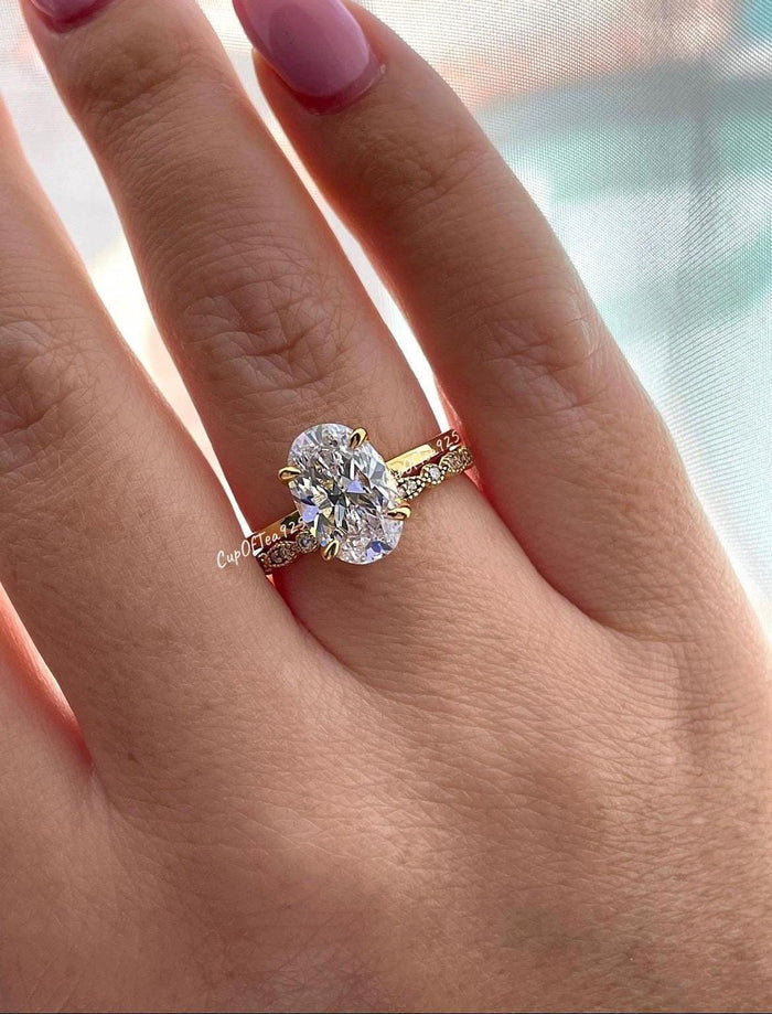 3.5CT Oval Cut Engagement Ring: Yellow Gold Vermeil, Hidden Halo, art deco moisssnite band