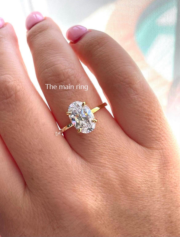 3.5CT Oval Cut Engagement Ring: Yellow Gold Vermeil, Hidden Halo, art deco moisssnite band