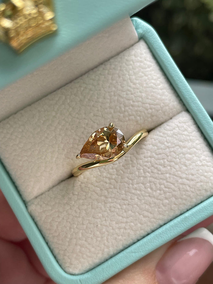 3CT Champagne moissanite ring, Pear Cut East-West Sterling Silver Engagement Ring, Yellow Gold Vermeil pear shaped ring, friendship ring,