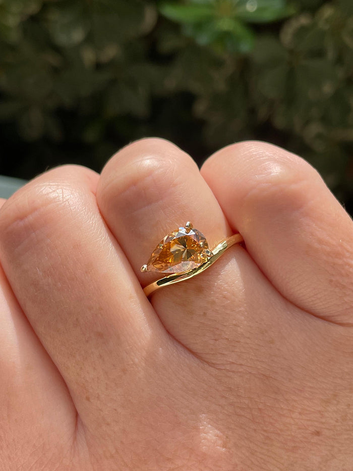 3CT Champagne moissanite ring, Pear Cut East-West Sterling Silver Engagement Ring, Yellow Gold Vermeil pear shaped ring, friendship ring,