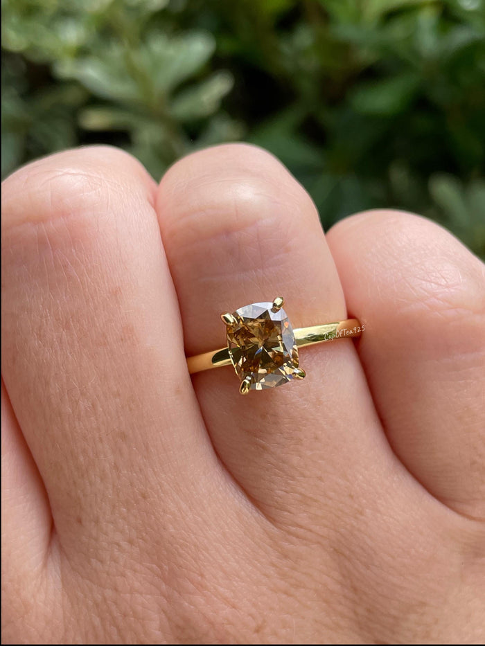 3CT moissanite champagne elongated cushion cut engagement ring with hidden halo, champagne moissanite ring, cushion cut moissanite ring
