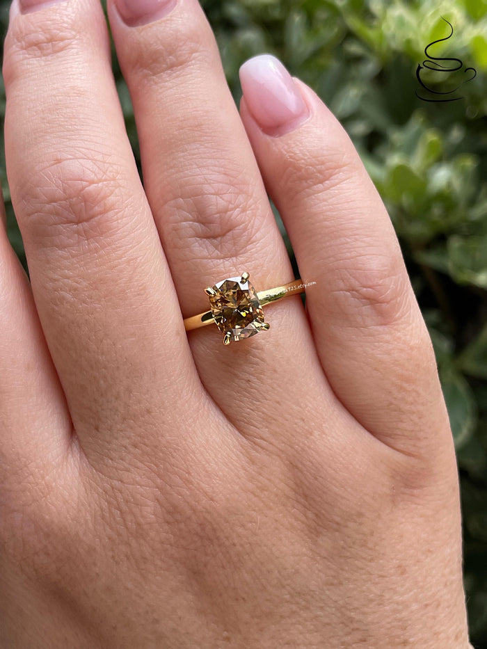 3CT moissanite champagne elongated cushion cut engagement ring with hidden halo, champagne moissanite ring, cushion cut moissanite ring