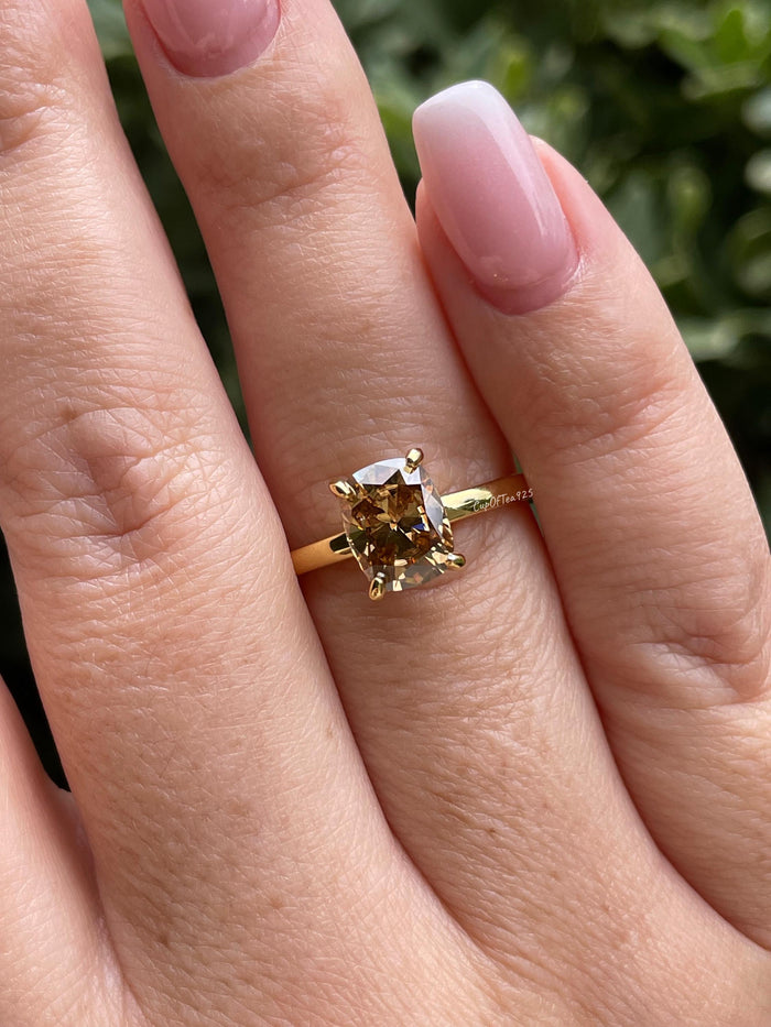 3CT moissanite champagne elongated cushion cut engagement ring with hidden halo, champagne moissanite ring, cushion cut moissanite ring