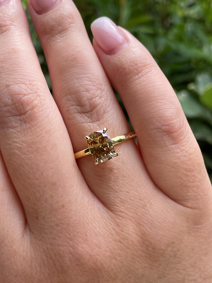 3CT moissanite champagne elongated cushion cut engagement ring with hidden halo, champagne moissanite ring, cushion cut moissanite ring