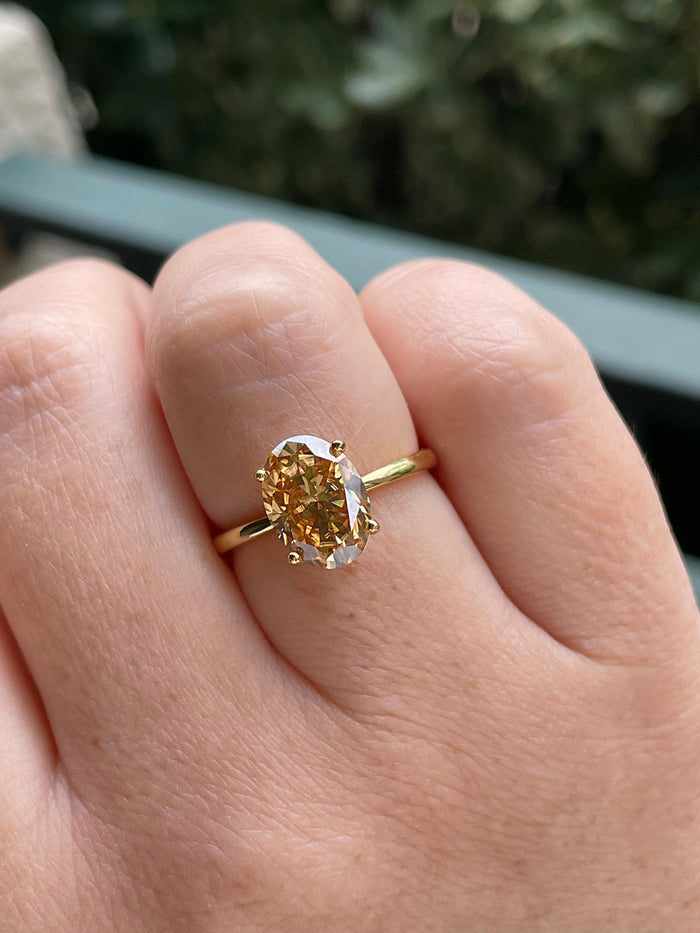 3CT oval cut champagne moissanite engagement ring in yellow gold vermeil, Sterling Silver 925 moissanite ring, gift for her