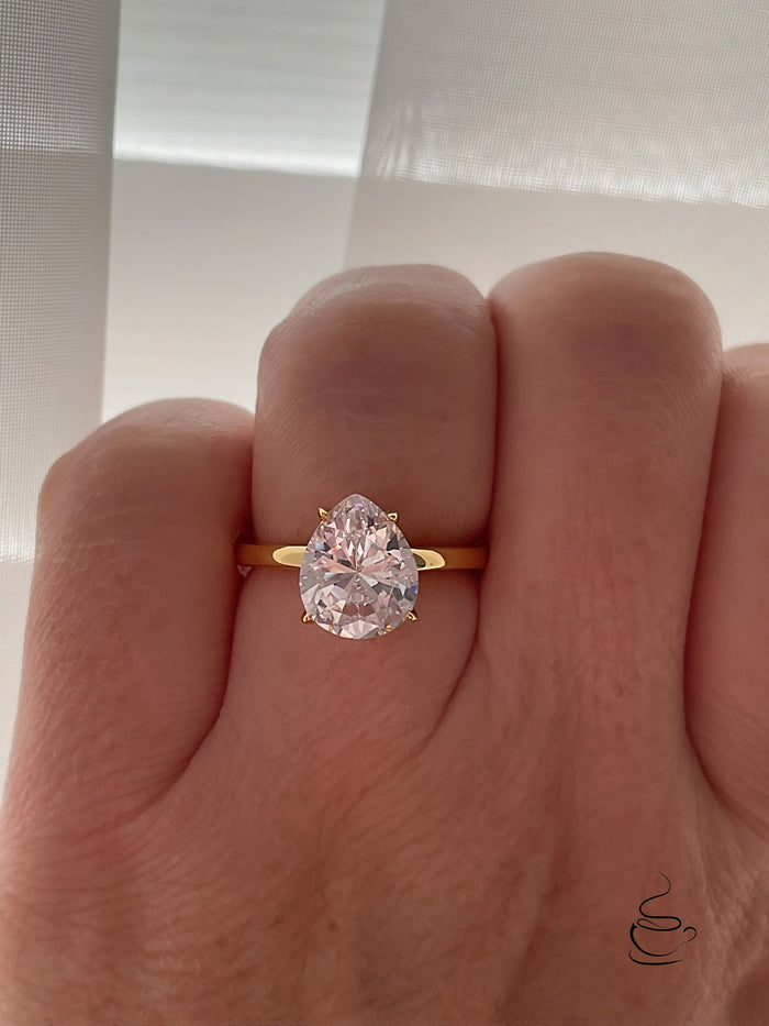 3CT Pear Shaped Engagement Ring in 18K Yellow Gold Vermeil
