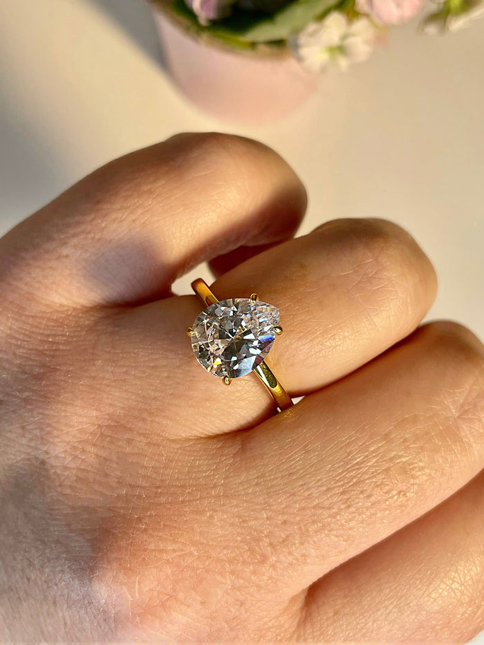 3CT Pear Shaped Engagement Ring in 18K Yellow Gold Vermeil