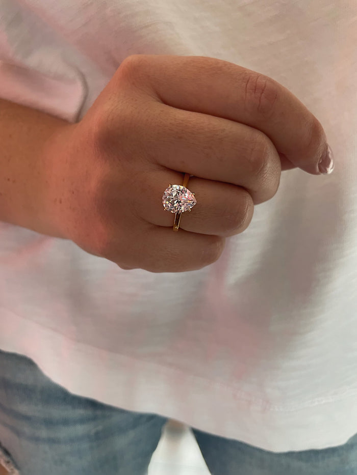 3CT Pear Shaped Engagement Ring in 18K Yellow Gold Vermeil