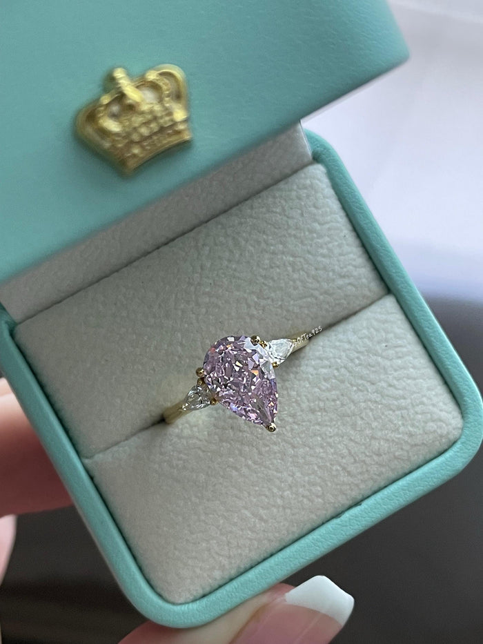 3CT Pink Pear Cut Engagement Ring: Crushed Ice Simulated Diamond, Sterling Silver