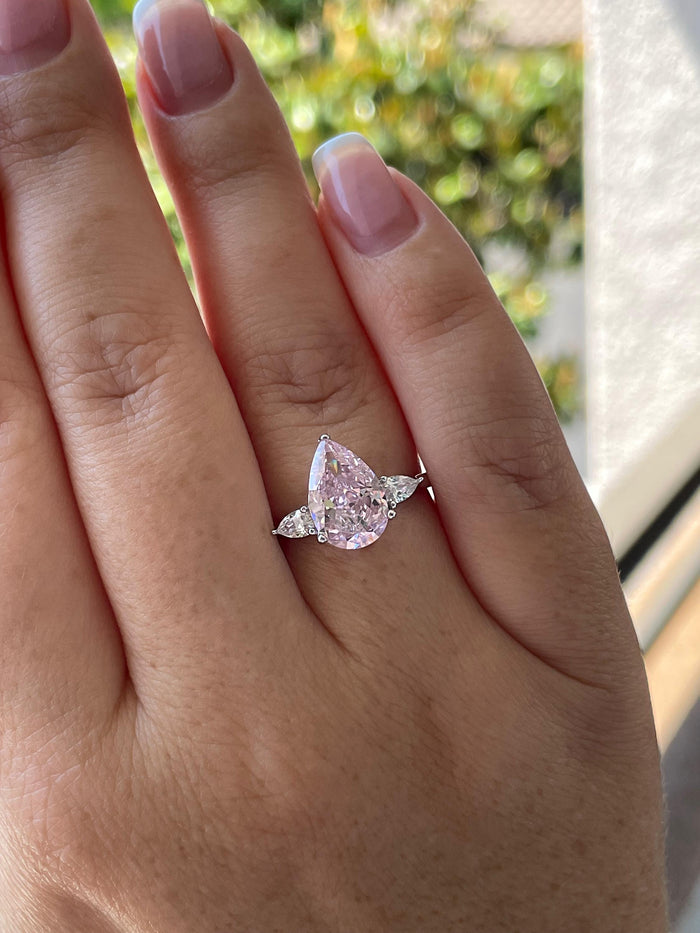 3CT Pink Pear Cut Engagement Ring: Crushed Ice Simulated Diamond, Sterling Silver