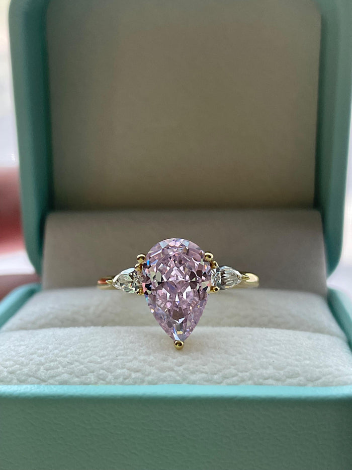 3CT Pink Pear Cut Engagement Ring: Crushed Ice Simulated Diamond, Sterling Silver