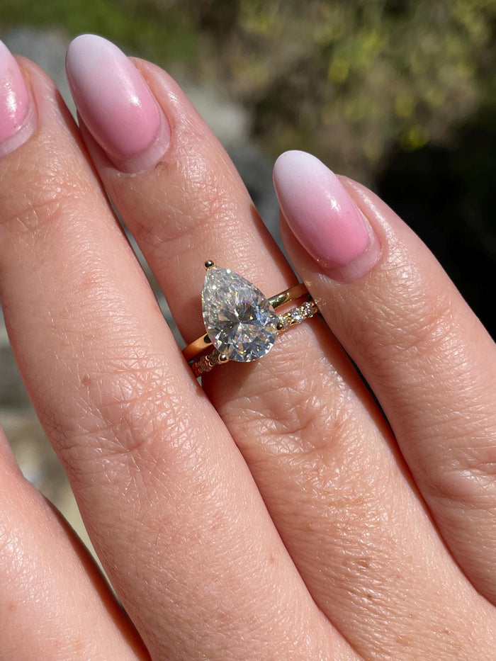 4CT pear cut moissanite engagement ring set, sterling silver ring, tear drop moissanite ring, pear cut engagement ring in gold vermeil