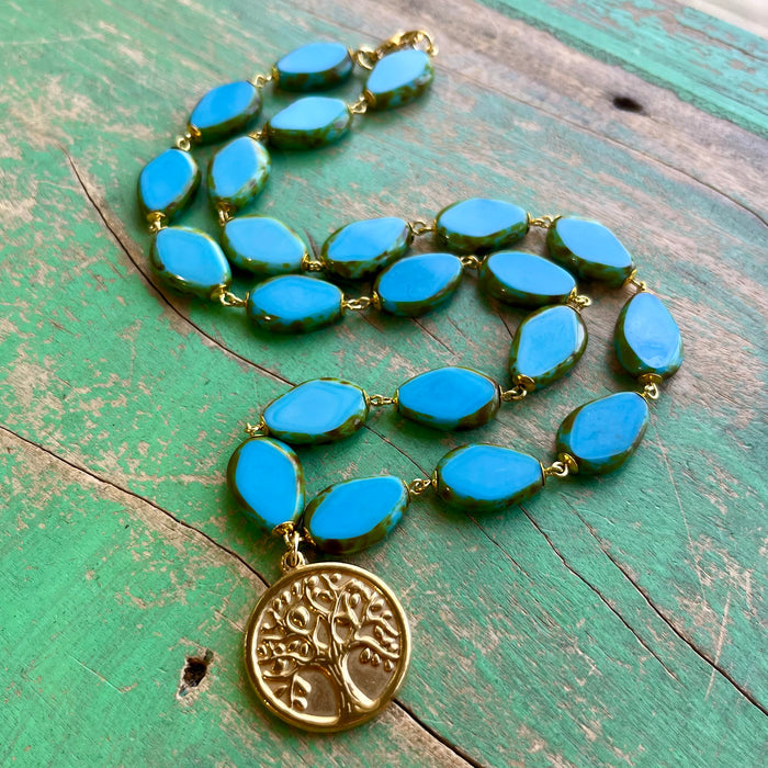 Turquoise and Gold Tree of Life Necklace, Bracelet or Earrings